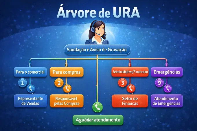 Diagrama visual em português mostrando uma árvore de URA com saudação inicial, opções de comercial, compras, administrativo financeiro, emergências e opção de aguardar atendimento.