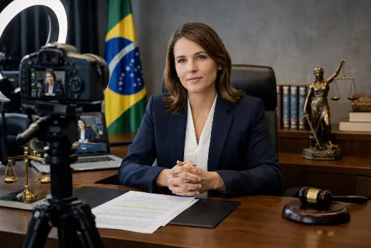 Advogada gravando vídeo profissional em escritório jurídico, com câmera, mesa de trabalho e símbolos do Direito, representando posicionamento, autoridade e comunicação estratégica para advocacia.
