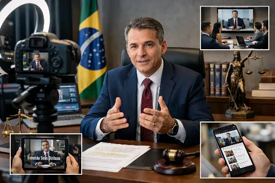 Advogado gravando vídeo profissional em escritório, com câmera e elementos jurídicos ao fundo, representando comunicação clara, autoridade, credibilidade e presença digital na advocacia.
