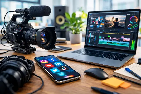 Mesa de trabalho com câmera de vídeo profissional, smartphone exibindo aplicativos de redes sociais e notebook com software de edição aberto, representando produção de vídeos para redes sociais em ambiente corporativo.