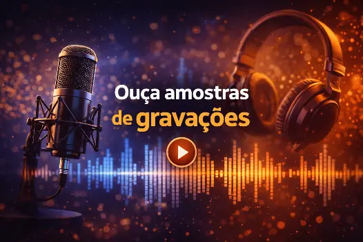 Imagem com microfone profissional, fones de ouvido e ondas sonoras, representando audição de amostras de gravações para URA e espera telefônica.