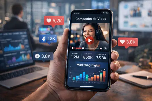 Smartphone exibindo campanha de vídeo marketing com métricas de alcance, visualizações e engajamento em ambiente de marketing digital.