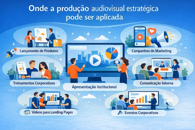 Produção audiovisual estratégica aplicada em marketing, apresentações corporativas, treinamentos empresariais e campanhas digitais, representada por profissionais assistindo vídeos em ambiente corporativo.