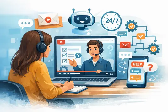 Ilustração de cliente assistindo vídeo tutorial em notebook com atendente virtual, representando vídeos explicativos usados em atendimento ao cliente, suporte digital e comunicação automatizada em empresas.