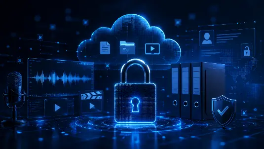 Composição digital com cadeado, arquivos, nuvem de dados, waveform e elementos audiovisuais representando proteção de informações enviadas em projetos de vídeo, áudio e locução.