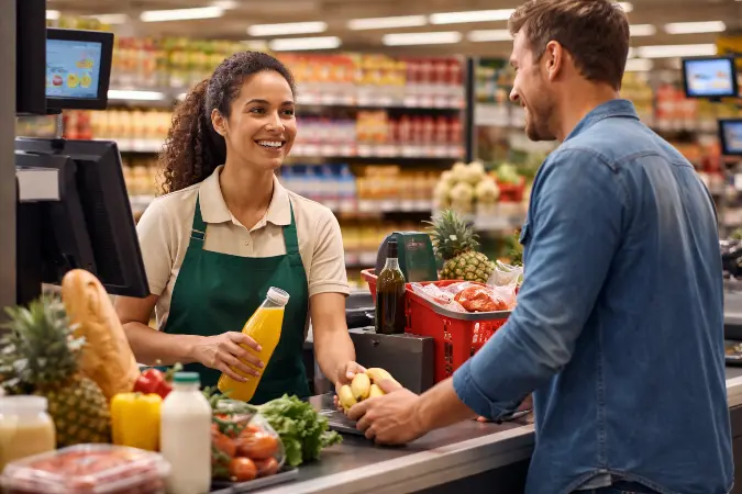 Caixa de supermercado atendendo cliente no checkout, com compras sobre o balcão e ambiente de loja ao fundo, representando atendimento e venda no varejo supermercadista.