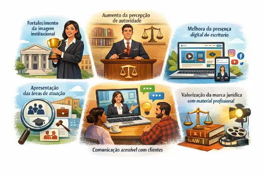 Ilustração sobre os benefícios do vídeo para advocacia, mostrando autoridade, imagem institucional, presença digital, comunicação com clientes e valorização da marca jurídica.