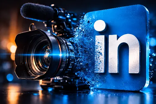 Câmera de vídeo profissional se fundindo visualmente com o ícone do LinkedIn, representando produção de vídeos corporativos e estratégia de conteúdo audiovisual para empresas na plataforma LinkedIn.