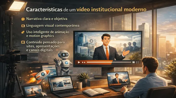 Produção de vídeo institucional moderno em ambiente corporativo, mostrando criação de conteúdo audiovisual com narrativa clara, motion graphics e vídeos para sites e canais digitais.