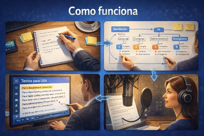 Imagem em quatro etapas mostrando como funciona a criação de textos para URA e espera telefônica, com planejamento, organização do fluxo de atendimento, edição das mensagens no computador e gravação profissional em estúdio.