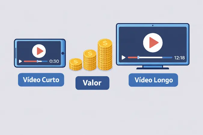 Ilustração comparativa entre vídeo curto, vídeo longo e valor de produção, mostrando que a duração do vídeo nem sempre define sozinha o custo de um projeto audiovisual.