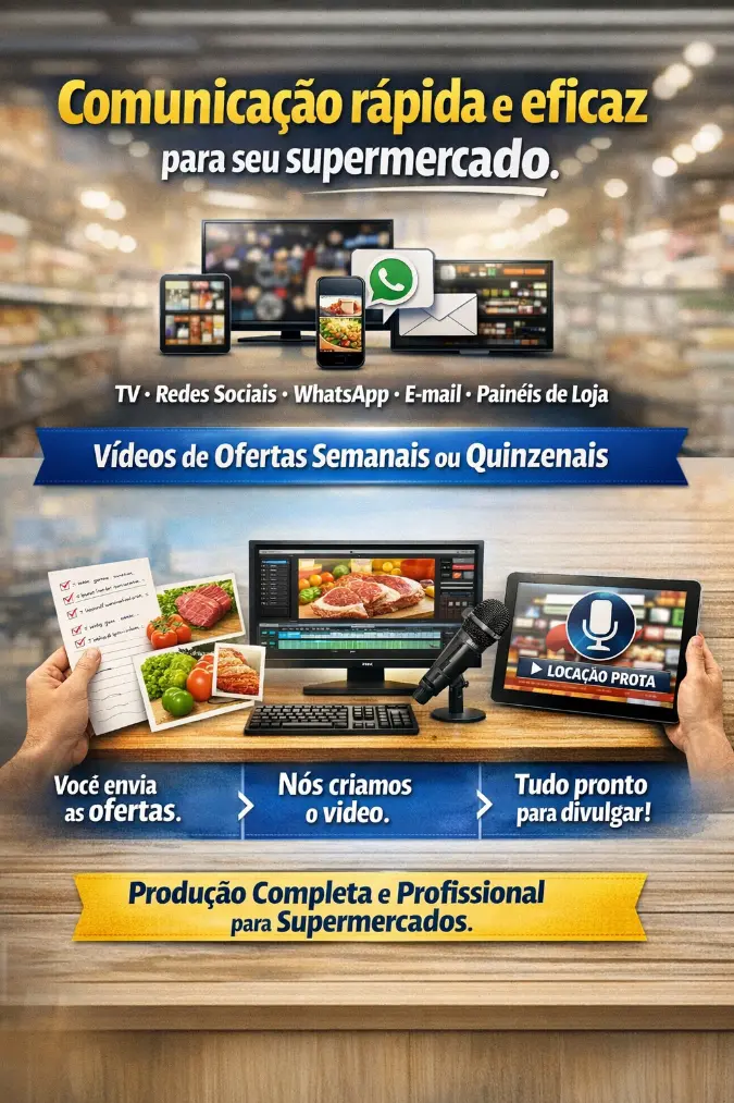 Profissional organizando campanha promocional de supermercado com lista de ofertas, fotos de produtos e tela de edição de vídeo, representando produção de vídeos de ofertas para divulgação em TV, redes sociais, WhatsApp, e-mail e TV interna.