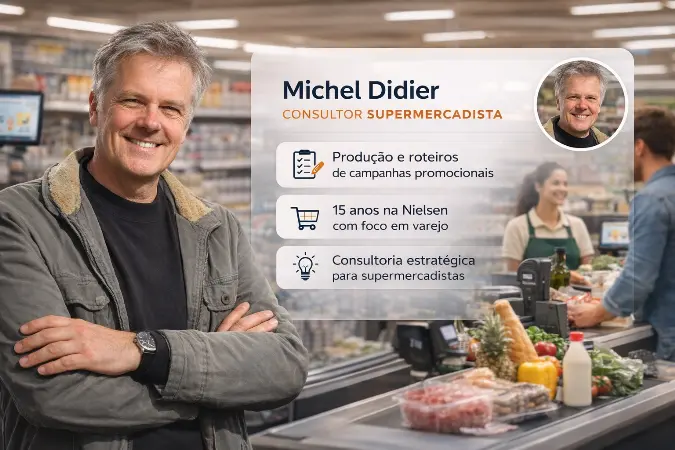 Retrato de consultor especializado em varejo supermercadista em ambiente de supermercado, representando experiência estratégica em comunicação, campanhas promocionais e produção de vídeos para supermercados.