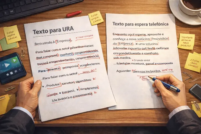 Imagem mostrando revisão de textos em português para URA e espera telefônica, com marcações de correção, anotações e foco em clareza e organização da comunicação empresarial.