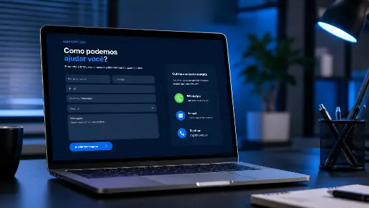 Notebook com formulário digital e ícones de contato representando o envio de dados por formulário, WhatsApp, telefone e e-mail para atendimento comercial da M2 Brasil.