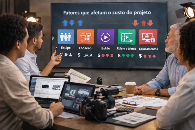 Equipe reunida analisando fatores que podem aumentar ou reduzir o custo de um projeto de vídeo corporativo, com tela exibindo elementos de produção, edição, locação e equipamentos.