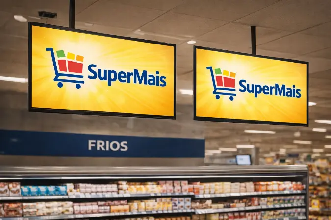 Duas TVs internas instaladas acima do setor de frios de um supermercado, exibindo a marca visual de um supermercado genérico, com gôndolas refrigeradas ao fundo.