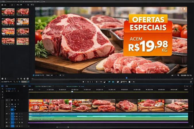 Tela de edição de vídeo mostrando timeline com cenas de ofertas de carnes para supermercado, com cortes bovinos em destaque e montagem de vídeo promocional para campanha de varejo.