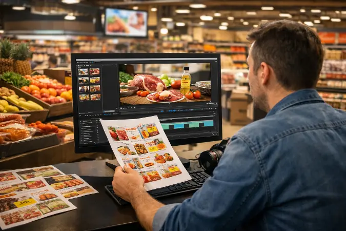 Profissional analisando lista de ofertas e materiais promocionais em frente a uma tela de edição de vídeo, com interior de supermercado ao fundo, representando a produção de vídeos de ofertas para divulgação profissional no varejo.