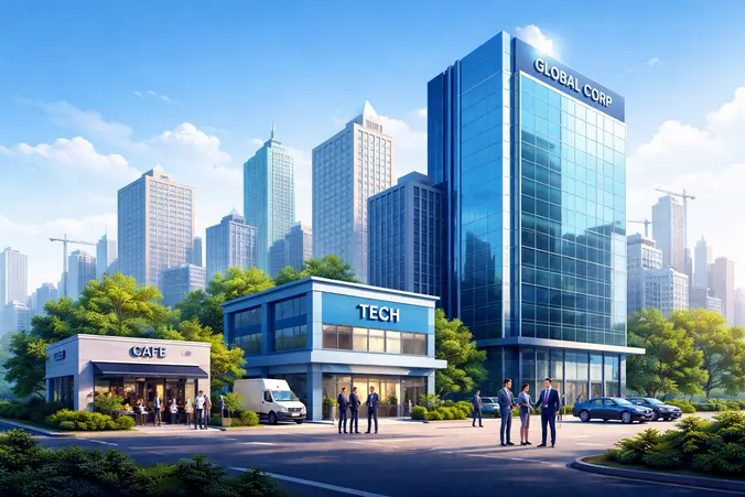Ilustração representando atendimento a empresas de todos os portes, incluindo pequeno negócio, empresa de tecnologia e grande corporação multinacional em ambiente urbano moderno.