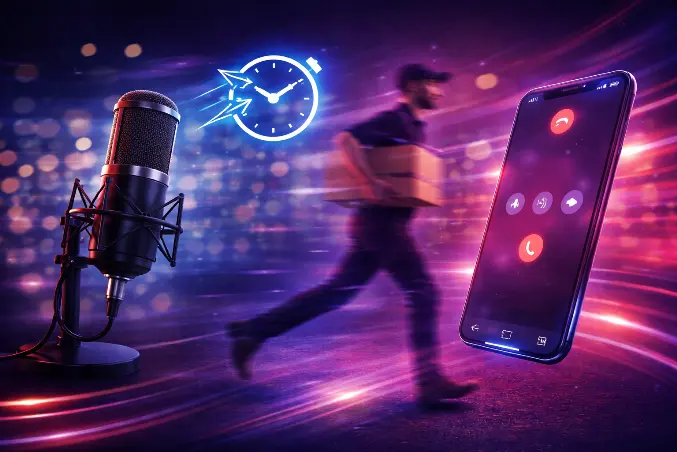 Imagem de microfone profissional com elementos visuais que sugerem rapidez e agilidade no atendimento telefônico corporativo.