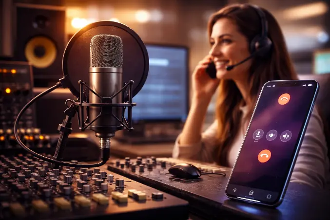 Imagem realista de microfone profissional em estúdio ao lado de cena de atendimento telefônico, representando gravação de voz para comunicação corporativa e suporte por telefone.