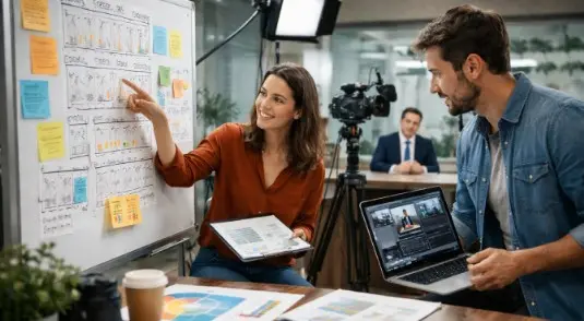 Equipe de marketing assistindo apresentação de vídeo promocional em tela grande em ambiente corporativo moderno