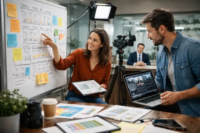 Planejamento de vídeo institucional com equipe analisando storyboard e roteiro antes da gravação do conteúdo corporativo.