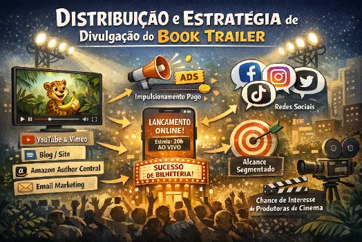 Infográfico ilustrando a estratégia de divulgação de um book trailer, incluindo publicação no YouTube e Vimeo, integração no site ou blog, uso do Amazon Author Central, compartilhamento em redes sociais, impulsionamento pago e email marketing para ampliar o alcance do livro.