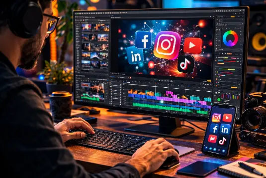 Editor de vídeo trabalhando em estúdio profissional com software de edição aberto exibindo ícones de redes sociais, representando estratégia audiovisual e produção de vídeos para redes sociais empresariais.