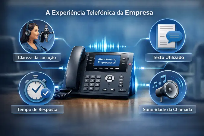 Telefone corporativo com elementos visuais representando clareza da locução, texto utilizado, tempo de resposta e sonoridade da chamada, simbolizando a experiência completa do atendimento telefônico de uma empresa.