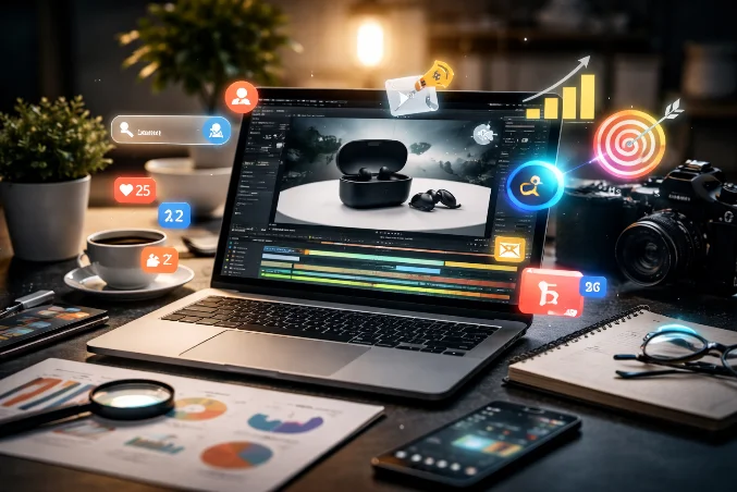 Vídeo de produto sendo utilizado em estratégia de marketing digital com laptop exibindo edição de vídeo, ícones de redes sociais, gráficos de crescimento e ferramentas de marketing online.
