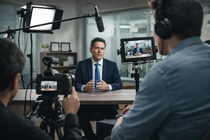 Gravação de vídeo corporativo com câmera profissional, iluminação de estúdio e empresário sendo entrevistado em ambiente empresarial para produção de vídeo institucional.