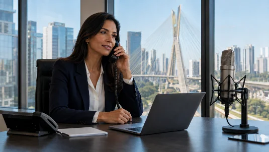 Executiva falando ao telefone em escritório corporativo com vista para São Paulo e microfone profissional ao lado, representando gravação de URA em São Paulo para empresas.