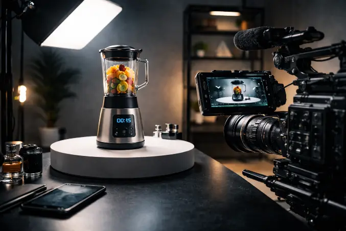 Produção de vídeo de produto mostrando liquidificador sendo filmado em estúdio com câmera profissional e monitor exibindo a gravação para vídeo de marketing.