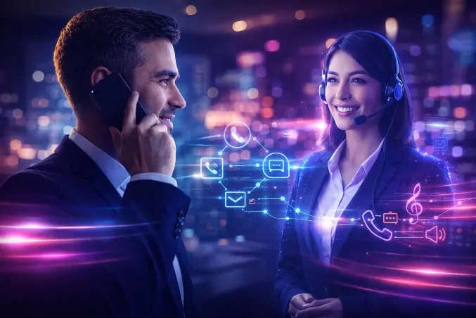 Imagem de cliente em ligação com atendimento corporativo, simbolizando comunicação profissional entre empresa e cliente por telefone.