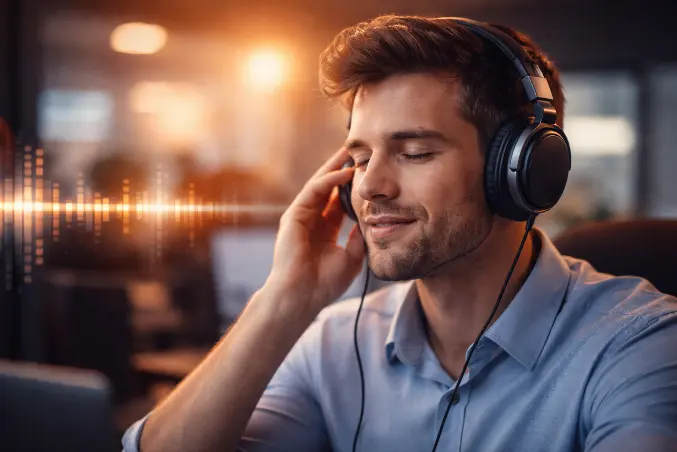 Imagem de pessoa ouvindo mensagens em fones de ouvido, representando análise e escuta de amostras de gravações profissionais.