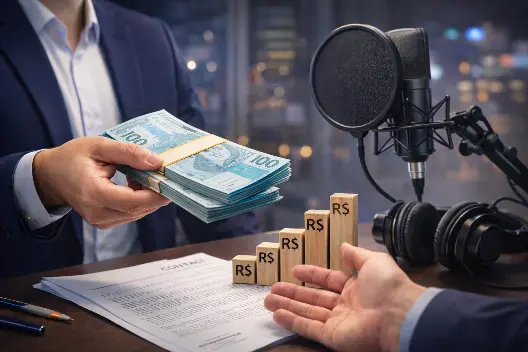 Imagem hiperrealista de negociação de valor para gravação profissional de URA, com notas de Reais Brasileiros, microfone de estúdio, fones de ouvido, contrato e símbolos de custo sobre a mesa.