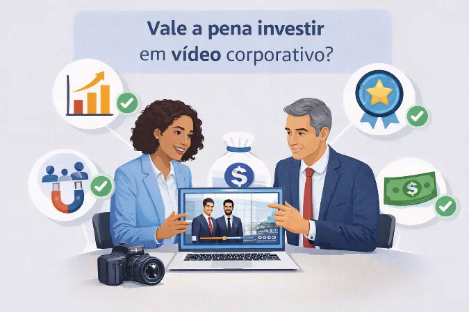 Ilustração representando os benefícios de investir em vídeo corporativo, com elementos visuais que simbolizam crescimento, autoridade, atração de clientes e retorno estratégico para empresas.