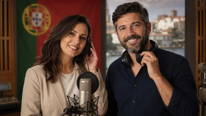 Locutora e locutor em estúdio profissional, com microfone e fones de ouvido, representando gravações em português de Portugal.