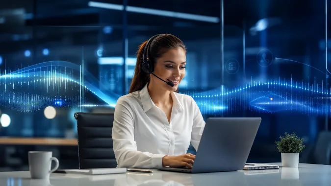 Imagem 16:9 hiper-realista em ambiente corporativo moderno, atendente profissional usando headset, interface abstrata de telefonia e ondas sonoras ao fundo, clima institucional premium, cores azul escuro, branco e detalhes luminosos, representando gravação de mensagens em espanhol para URA, PABX e espera telefônica, sem textos e sem logos.