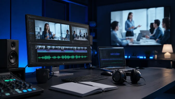 Estação moderna de edição audiovisual com timeline de vídeo, waveform de áudio, notebook e fones de ouvido, representando locução em espanhol integrada a vídeos corporativos, treinamentos e apresentações.
