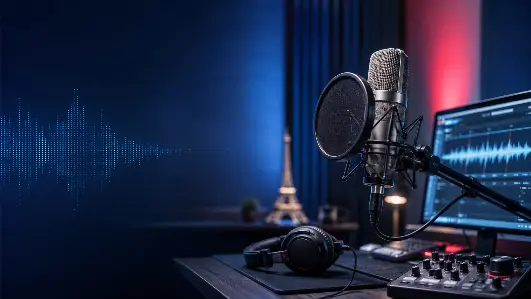 Estação profissional de produção de áudio com notebook, waveform, fones de ouvido, interface e microfone, representando a seleção de vozes masculinas e femininas para locução em francês.