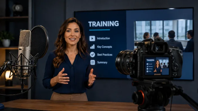 Câmera filmando apresentadora em estúdio, representando locução em inglês para vídeos de treinamento, capacitação e comunicação corporativa.