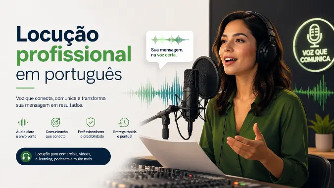 Ilustração de locutor profissional gravando locução em português em estúdio na M2 Brasil para vídeos institucionais, comerciais, treinamentos e conteúdos corporativos.