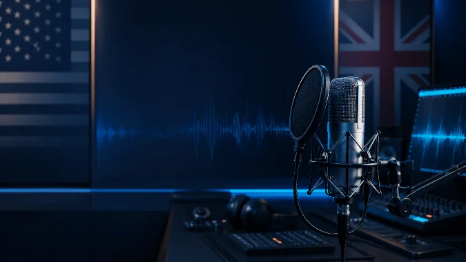 Estúdio moderno com microfone profissional, ondas sonoras e tela de edição de vídeo, representando locução em inglês para vídeos corporativos e comunicação empresarial.