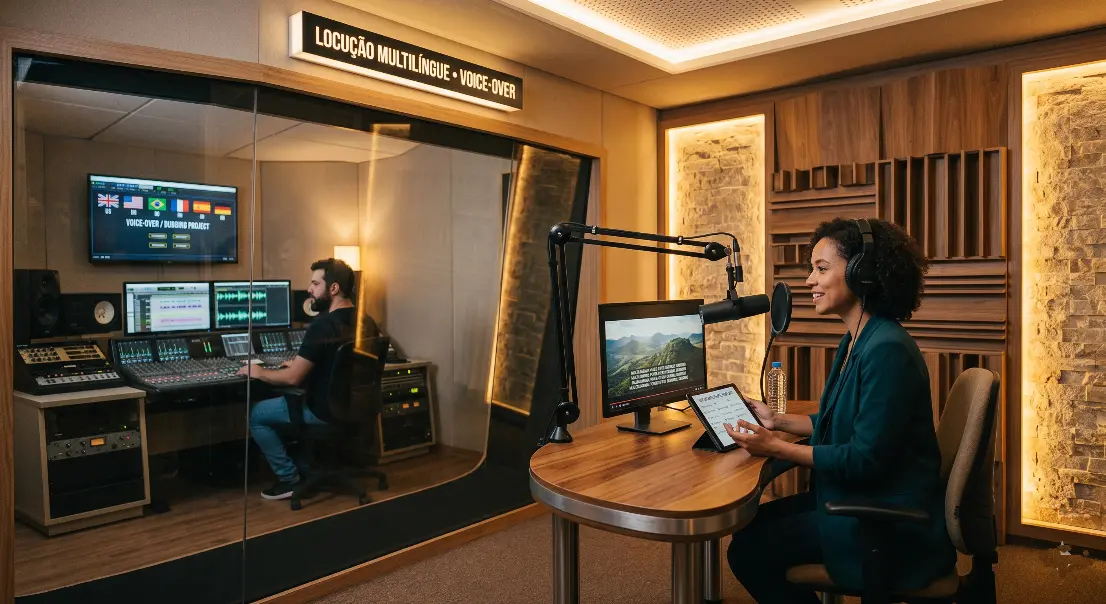 Uma fotografia profissional de um estúdio de gravação de áudio moderno e acolhedor, dividido por uma janela de vidro. No primeiro plano, à direita, uma locutora negra sorridente, de blazer verde e fones de ouvido, fala em um microfone de estúdio em uma mesa de madeira. Ela segura um tablet e olha para um monitor que exibe um 'ALT TEXT VISUALIZER' com uma descrição de texto sobre a cena. À sua frente, há uma garrafa de água. Através do vidro, no fundo, um engenheiro de som barbudo opera uma mesa de mixagem complexa com múltiplos monitores exibindo ondas de áudio. Um dos monitores mostra bandeiras internacionais e o texto 'TITLE: STUDIO SCENE (PT-EN) ALT TEXT FIELD: Completed.' Acima da janela de vidro, uma placa de LED iluminada diz 'LOCUÇÃO MULTILÍNGUE • VOICE-OVER'. As paredes do estúdio são decoradas com painéis acústicos de madeira e uma parede de pedra com iluminação embutida de LED quente.