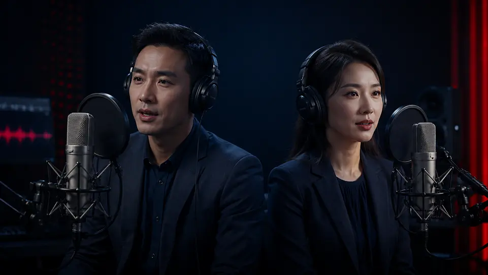 Locutor e locutora chineses em estúdio profissional de gravação, usando fones de ouvido e microfones, representando locução em chinês com vozes masculina e feminina.