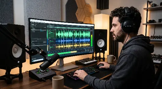 Fotografia de um produtor de áudio com barba usando fones de ouvido profissionais, focado na edição de áudio em seu estúdio. Ele está sentado em uma mesa de madeira operando um computador com um monitor ultrawide, que exibe um software de edição com três faixas de ondas sonoras coloridas (verde, azul e amarelo). A mesa é equipada com monitores de referência (caixas de som), um microfone profissional em um braço articulado, uma interface de áudio, um pequeno teclado MIDI, além de teclado, mouse e uma caneca. O ambiente ao fundo possui painéis de tratamento acústico nas paredes e iluminação aconchegante.