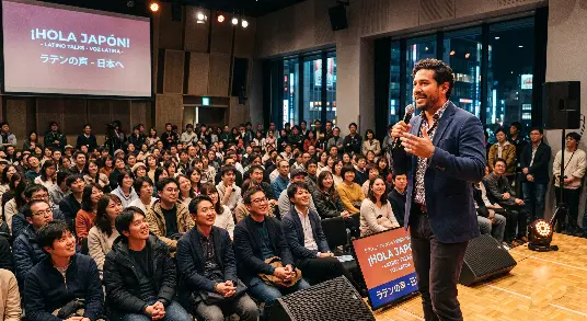 Um palestrante latino de blazer azul e microfone no palco, sorrindo e gesticulando para uma grande plateia de pessoas japonesas em um auditório moderno em Tóquio. Uma tela ao fundo exibe o texto '¡HOLA JAPÓN! - LATINO TALKS - VOZ LATINA' e texto em japonês. Há sinalização no chão e vista da cidade à noite pelas janelas.